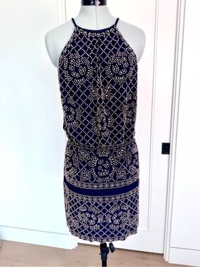 Navy Halter Mini Dress with Gold Beadwork